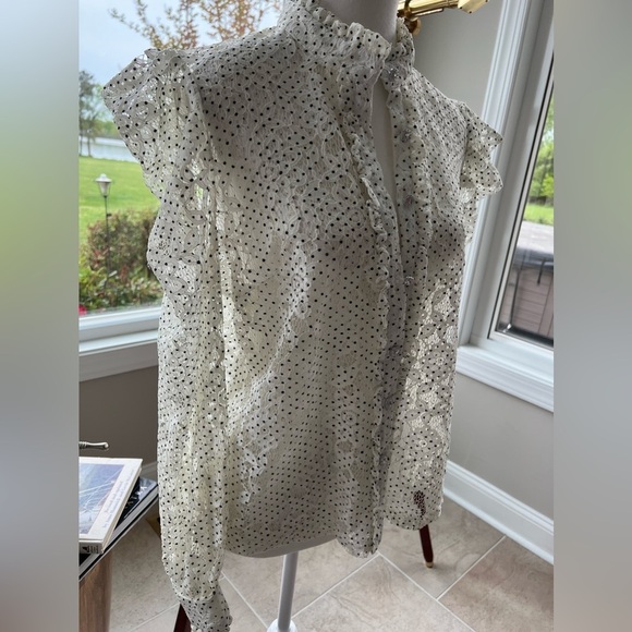 Vici White Lace Polka Dot Rhinestone Button Blouse Puff Sleeve Feminine Top M - Picture 3 of 14